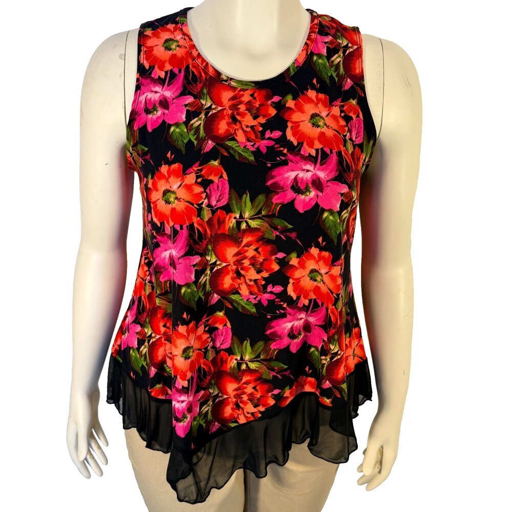 Star Vixen Sleeveless Top Womens XL Red Black Floral Chiffon Hem High Round Neck - Picture 2 of 13